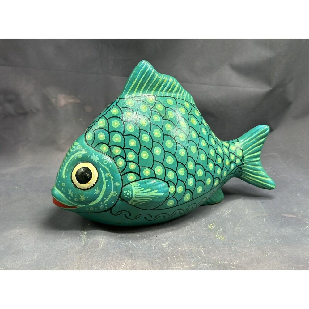 Talavera Mexican Fish Folk Art Hand Painted Terracotta Shelf Sitter Mexico Teal